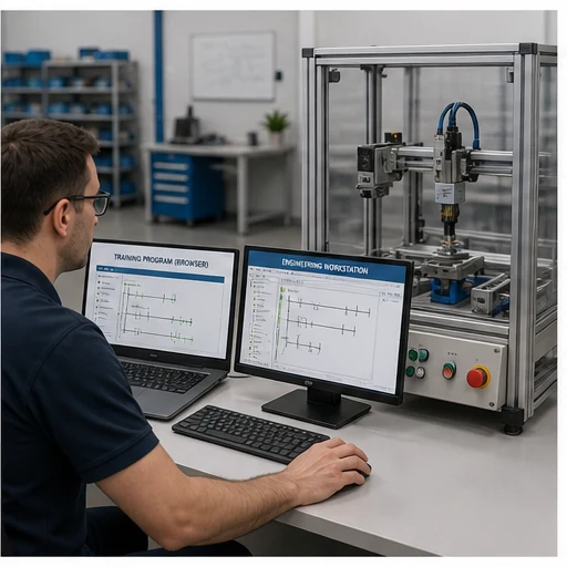 Technician comparing browser PLC training logic with an engineering workstation beside a guarded machine