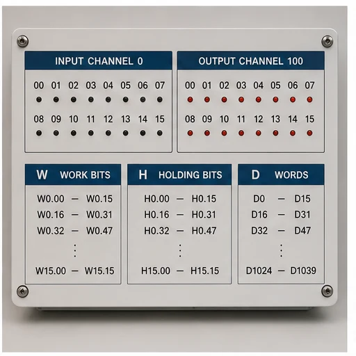 Omron-style training map for input channel 0, output channel 100, W work bits, H holding bits and D words