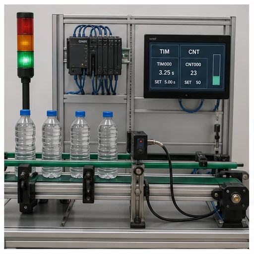 Bottle conveyor training cell with PLC timer TIM and counter CNT status