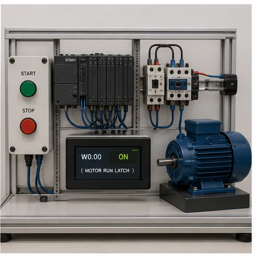 Motor starter PLC training rig demonstrating a W work-bit latch