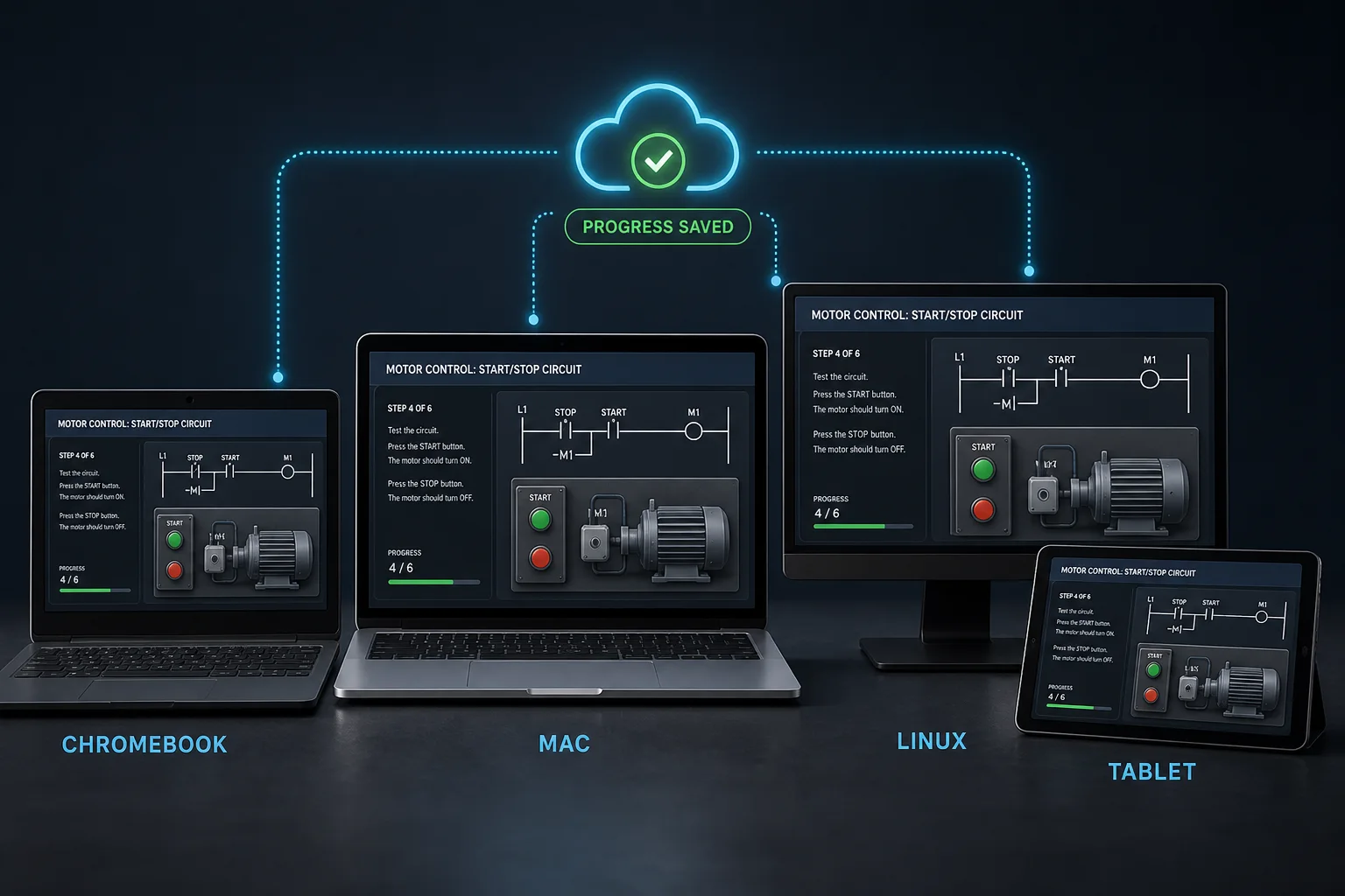 Same online motor-control PLC lesson displayed on a Chromebook, laptop, Linux desktop and tablet with saved progress