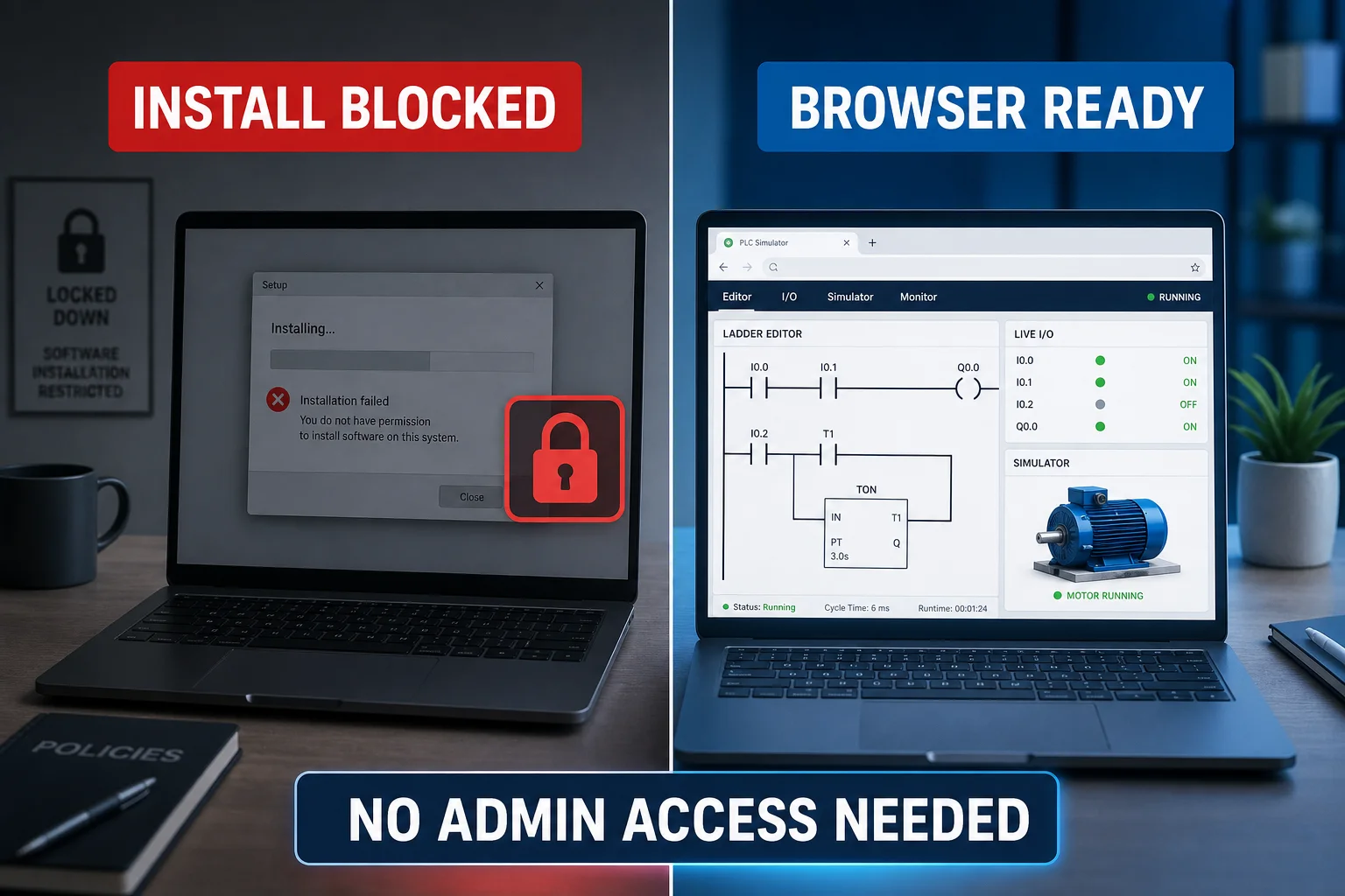 Comparison of blocked software installation and a browser-ready online PLC simulator on a managed computer