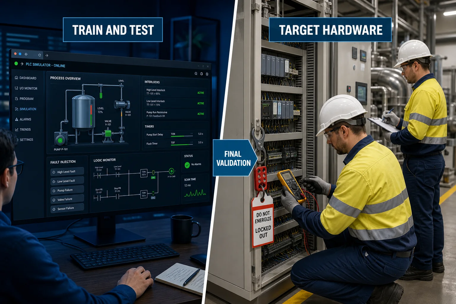 Online PLC simulation training compared with qualified technicians performing final validation on target industrial hardware