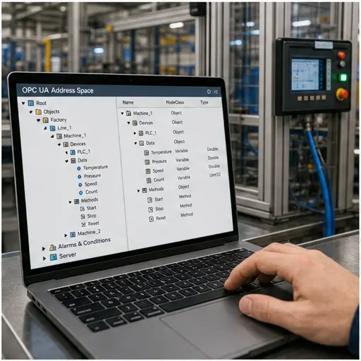 OPC UA client browsing a hierarchical address space of machines objects variables and methods