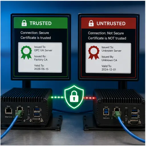Trusted and untrusted OPC UA application certificate states compared on secure industrial computers