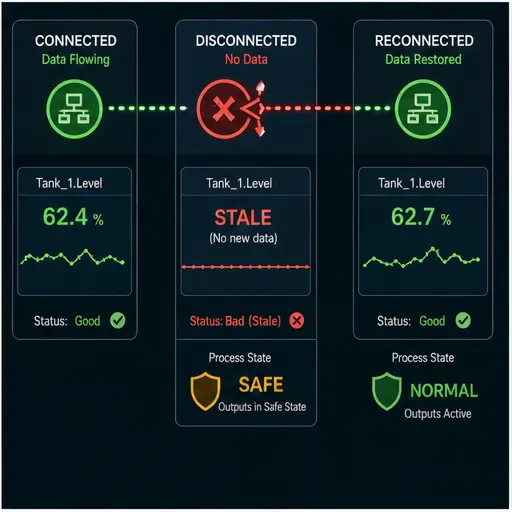 OPC UA connected disconnected and reconnected states showing stale data safe response and recovery