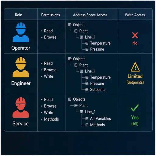 OPC UA operator engineer and service roles compared with read browse write and method permissions