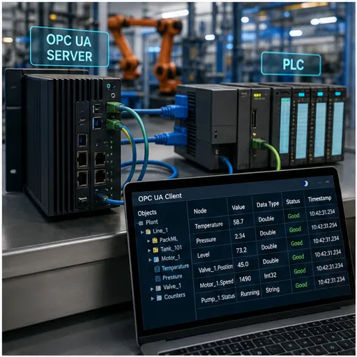 Industrial OPC UA server connected to a PLC while a client reads live machine nodes and values