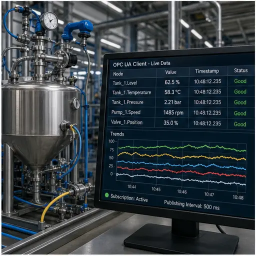 OPC UA subscription trending tank level temperature pressure timestamps and data quality