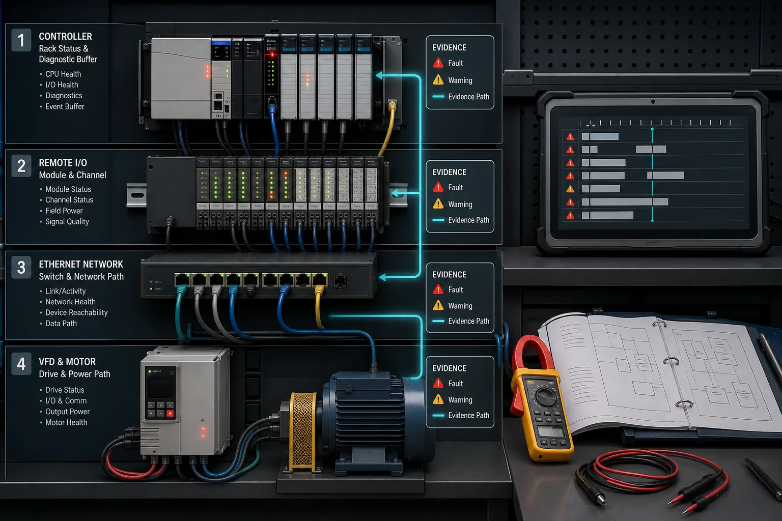 PLC diagnostic workflow separating controller, remote input output, industrial network, drive and motor evidence before consulting the manual