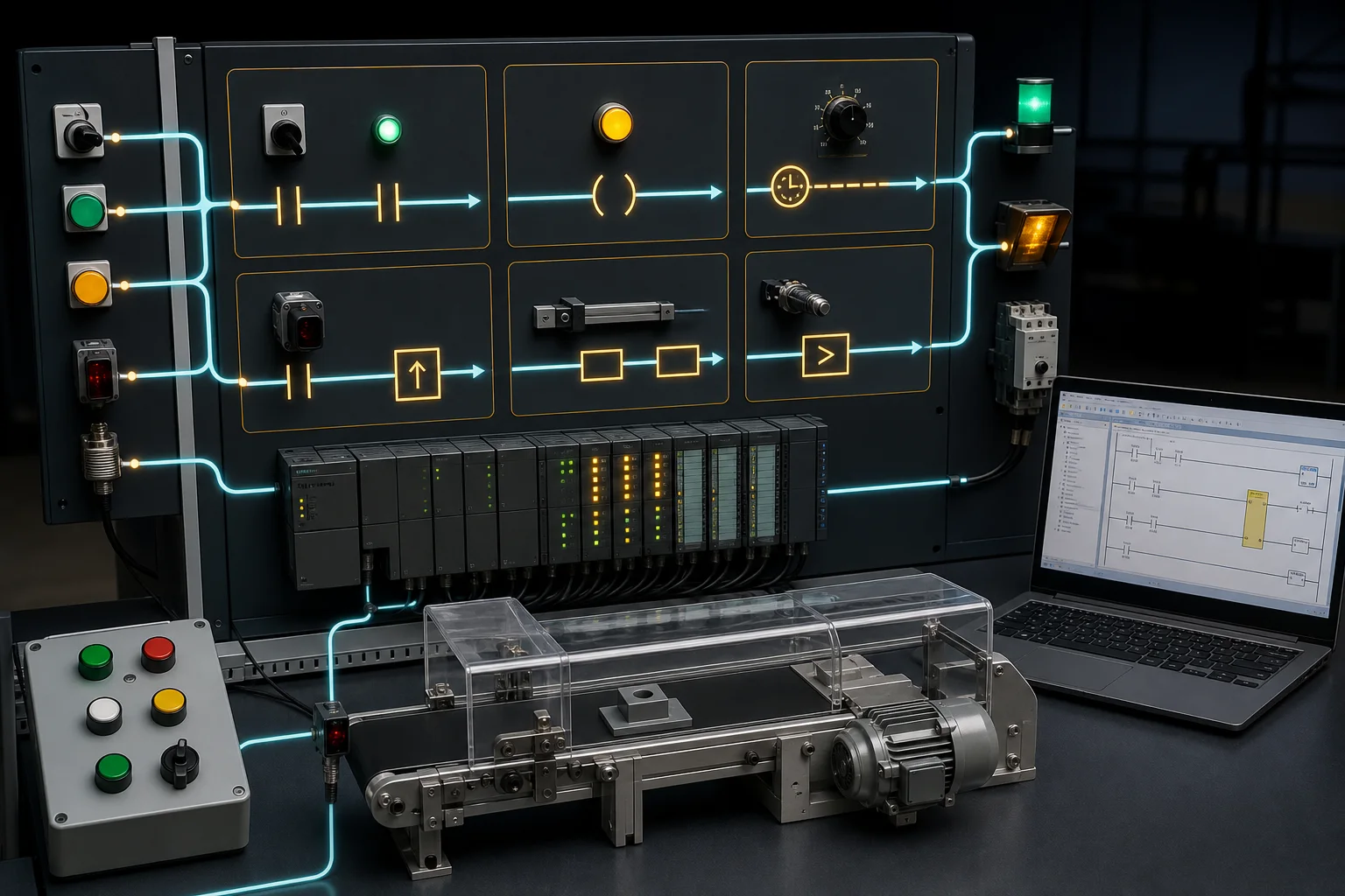 Industrial PLC instruction-family bench connecting contacts, coils, timing, counting, data movement and comparison to physical inputs and outputs