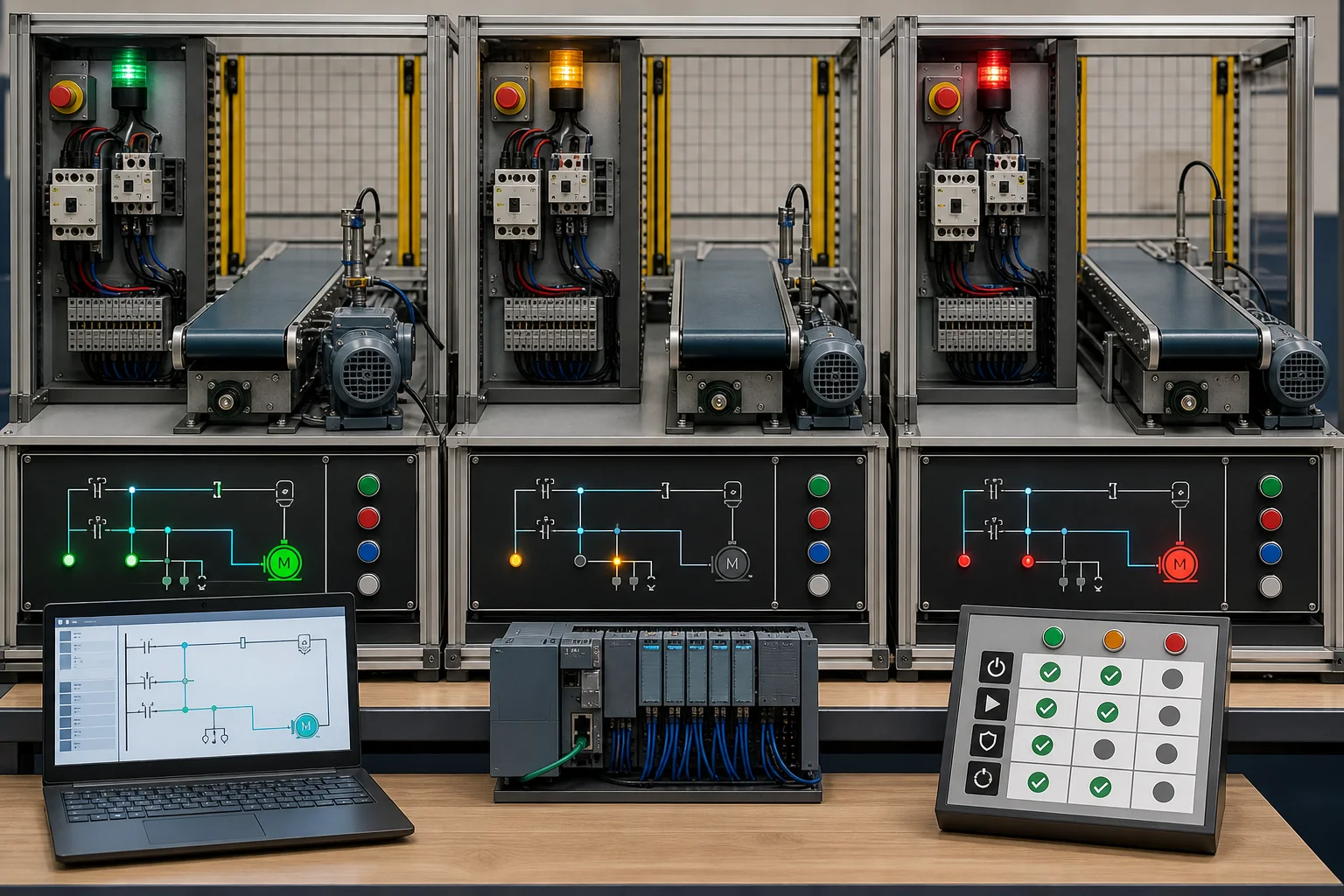 Guarded conveyor and motor control pattern shown under normal start, interlock stop and fault-recovery test states