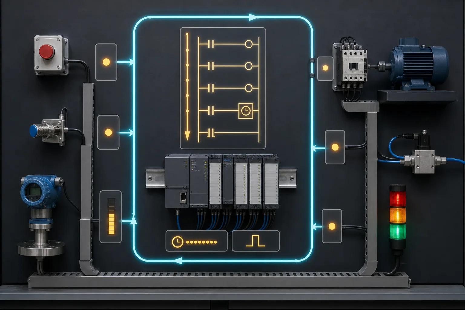 PLC scan-cycle evidence board linking field inputs, ladder evaluation, timer and edge state to motor, valve and stack-light outputs