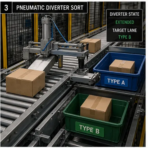 Pneumatic conveyor diverter sorting cartons into two lanes under PLC control