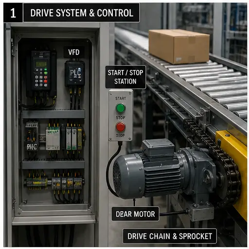 PLC conveyor drive system with gear motor VFD start-stop station and control panel