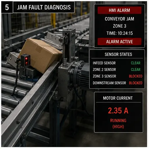 Conveyor jam diagnosis using sensor states motor current and an HMI alarm