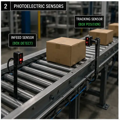Photoelectric sensors detecting and tracking cartons on a motorized roller conveyor