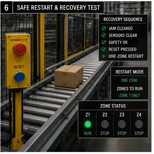 Guarded conveyor safe-restart test after jam clearance and emergency-stop reset
