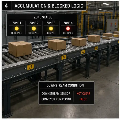 Multi-zone accumulating conveyor with occupied and blocked states for each zone