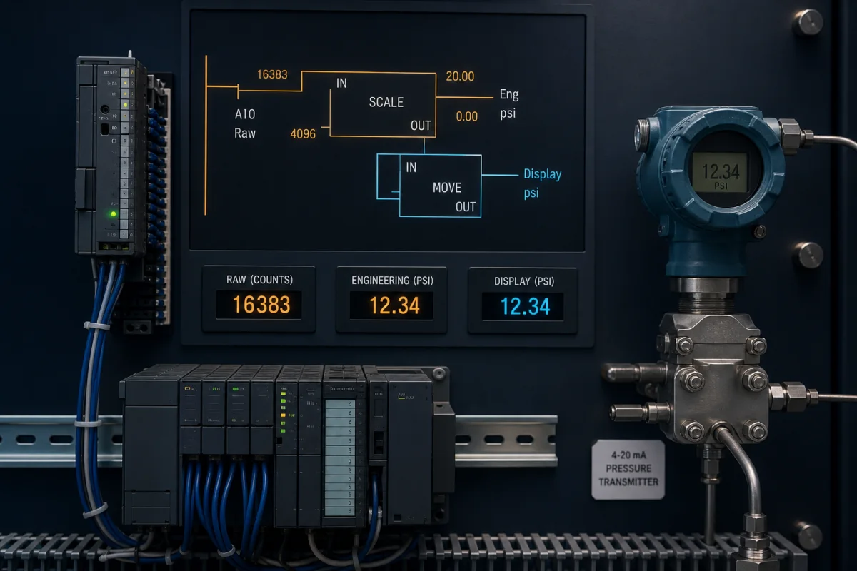 4 to 20 milliamp pressure transmitter connected to PLC analog input with raw scaling and data move instruction flow