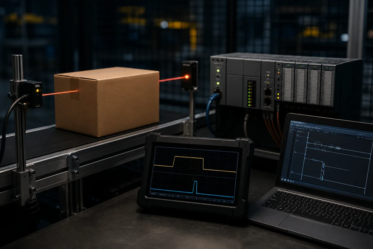 PLC one-shot edge detector producing one narrow pulse while a carton blocks a photoelectric sensor for longer