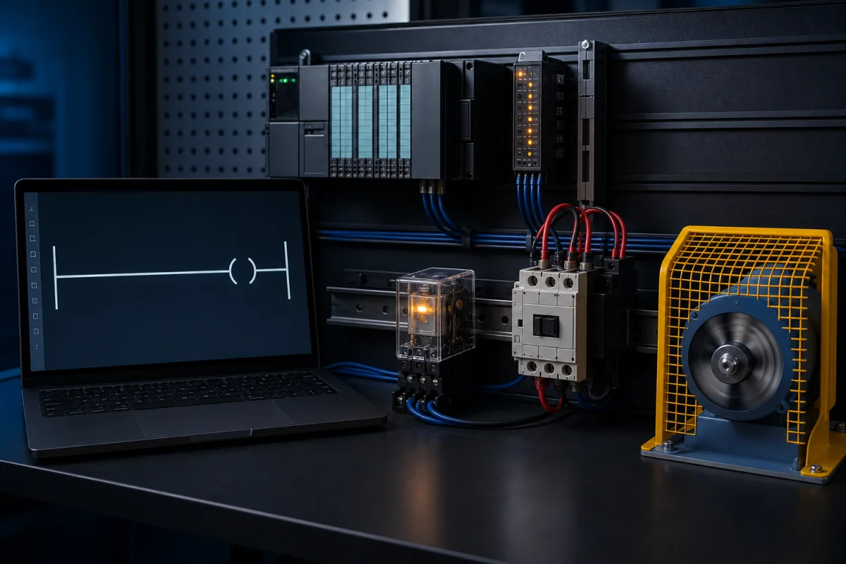 PLC output coil instruction driving an output module, interposing relay, contactor and guarded training motor