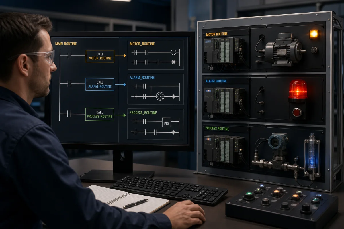PLC main routine calling separate motor alarm and process subroutines linked to a physical training cell