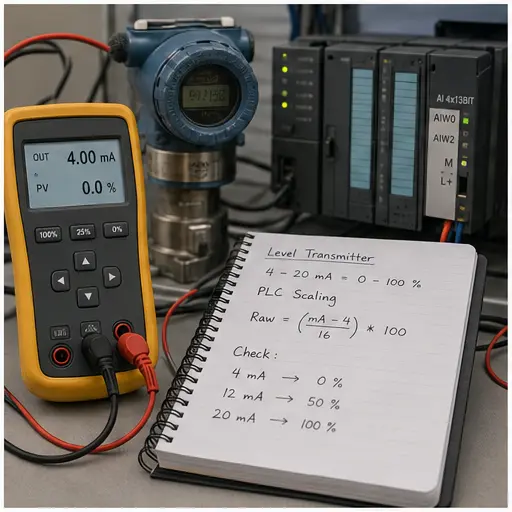 PLC interview analog scaling exercise using a 4–20 mA calibrator and pressure transmitter
