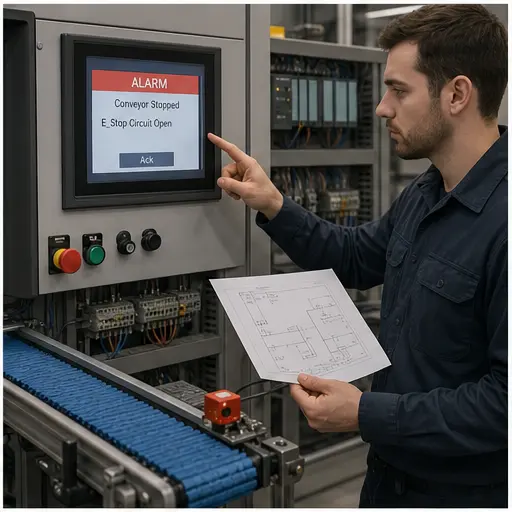 Controls candidate explaining a stopped conveyor fault from HMI alarm to field sensor