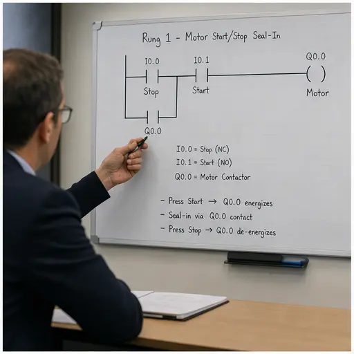 PLC job candidate explaining a motor start-stop seal-in rung during a technical interview