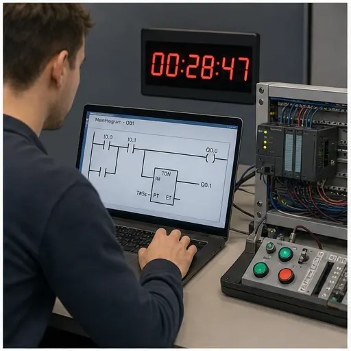 Timed PLC live-coding interview exercise with ladder logic and a compact controller trainer