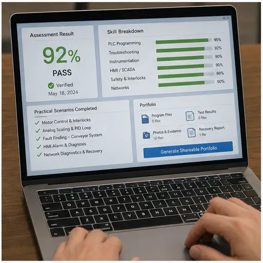 Shareable PLC assessment portfolio with verified score skill breakdown and completed practical scenarios