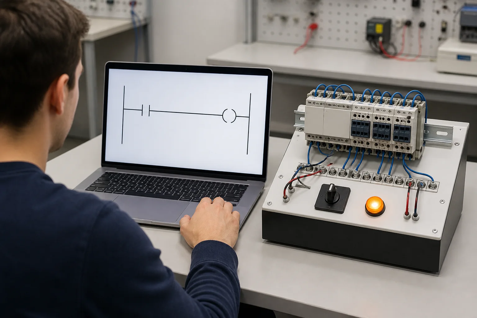 PLC ladder logic training bench showing a normally open input contact driving an output coil and pilot light