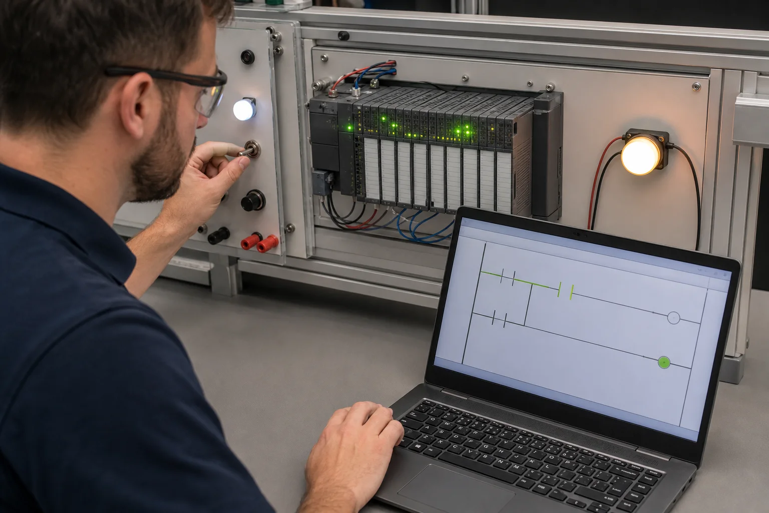 Technician comparing PLC input LEDs live tag states ladder rung continuity and an output actuator during troubleshooting