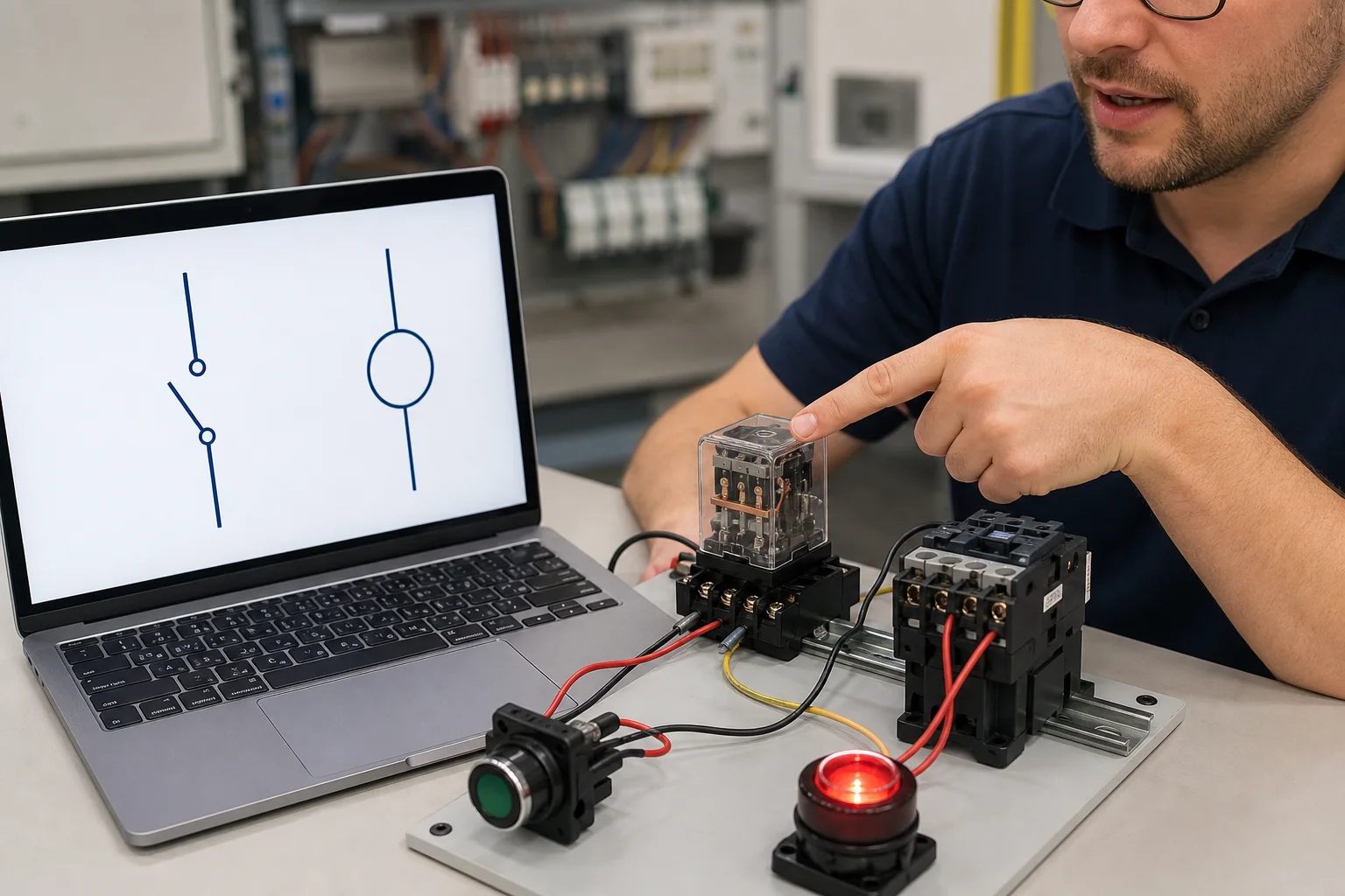 Industrial relay training board beside a browser ladder logic rung for comparing contact and coil behavior