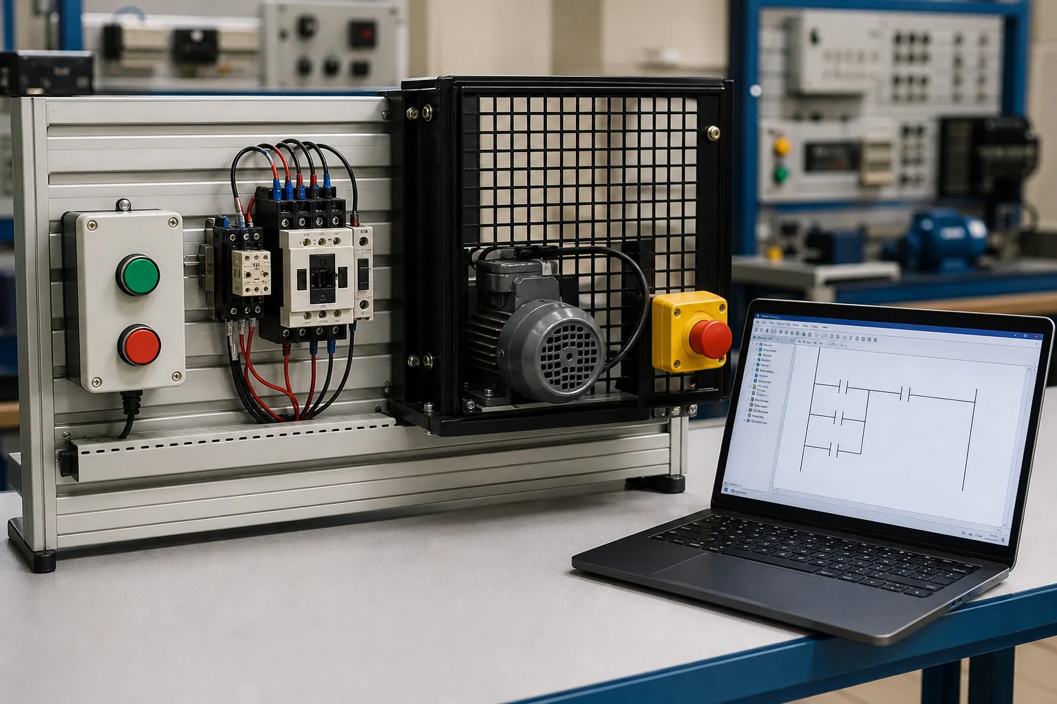 Guarded motor control training rig with start stop buttons contactor overload relay and seal-in ladder logic lesson