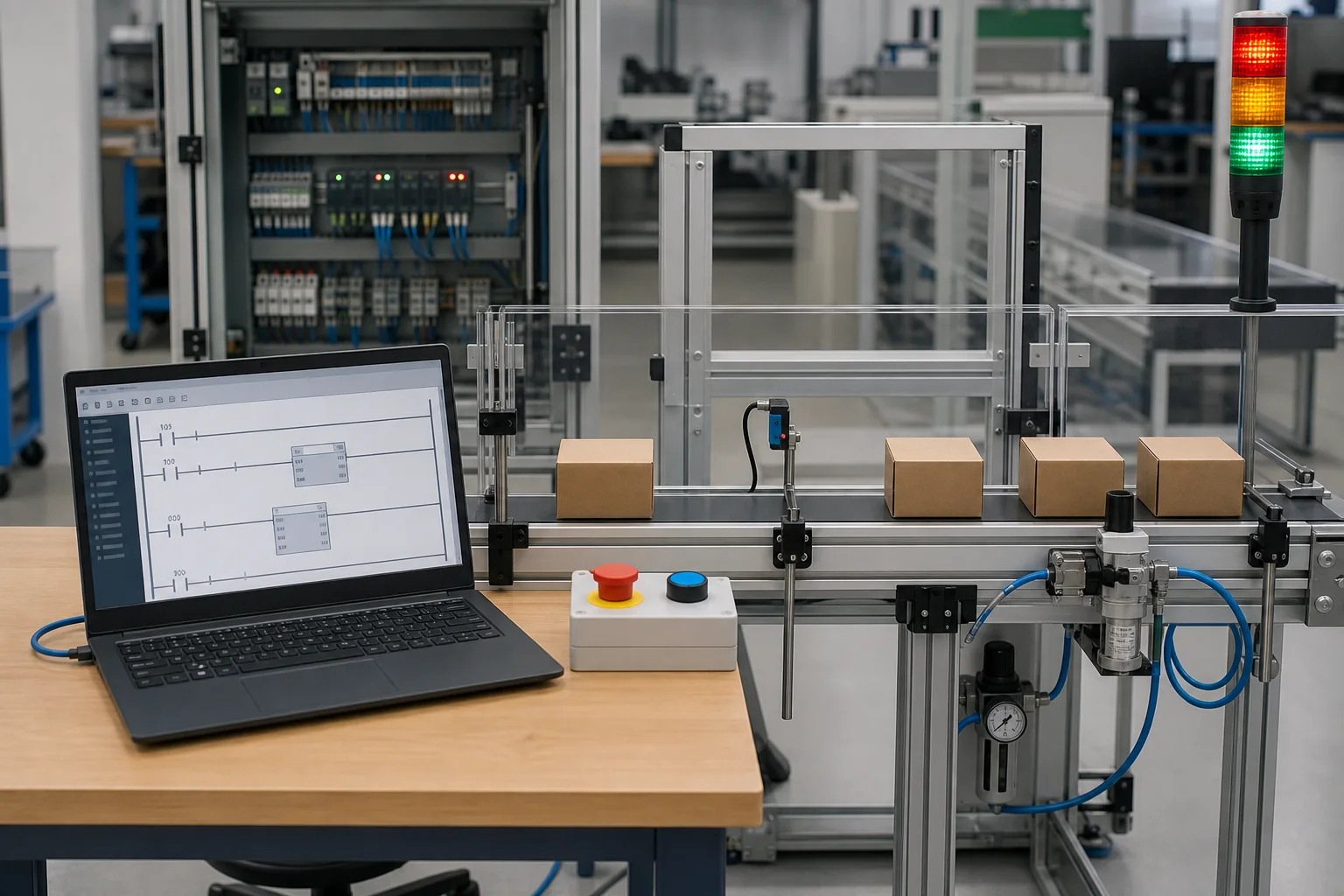 Conveyor training cell with photoelectric sensor cartons and browser PLC timer and counter ladder blocks