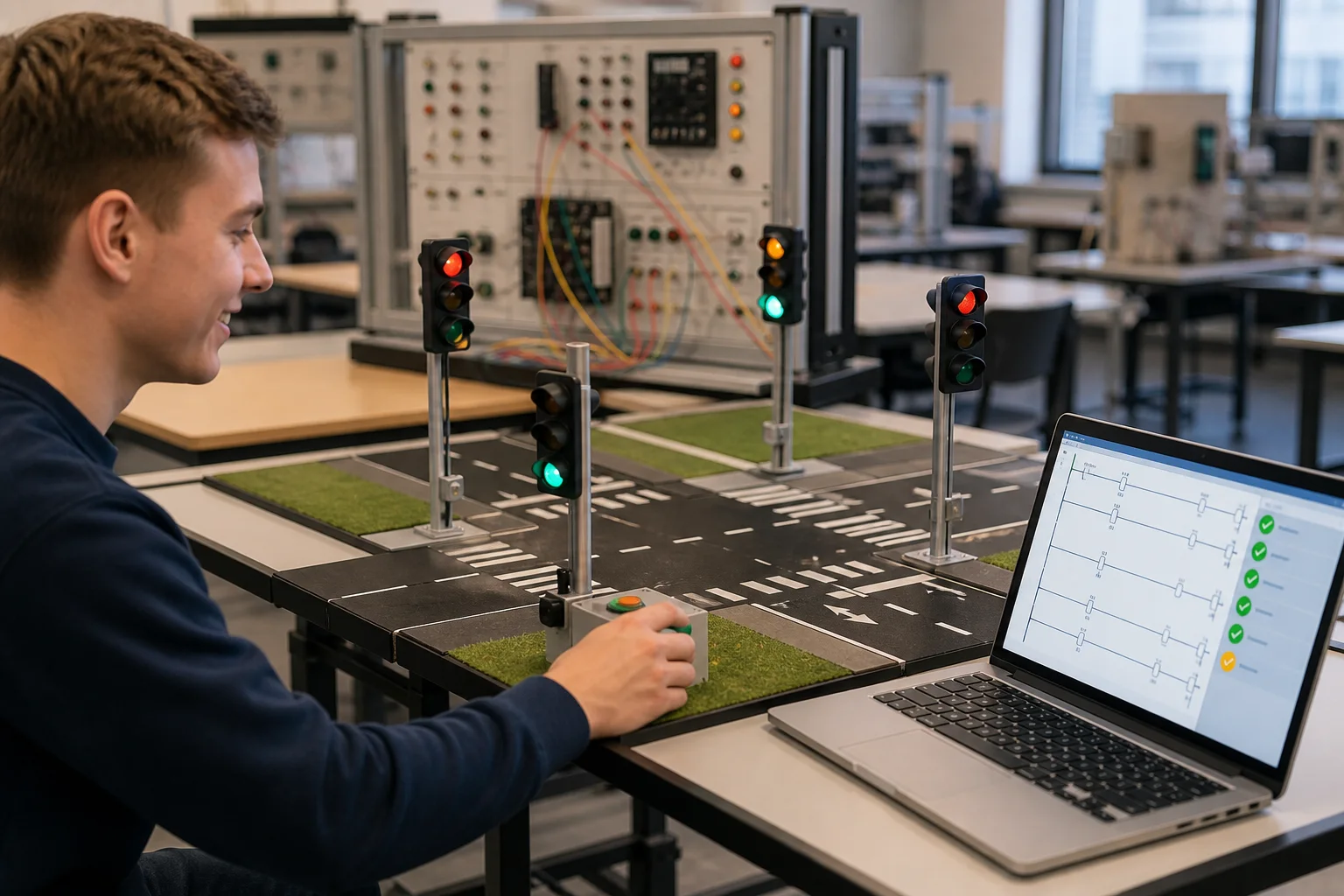 Tabletop traffic light automation trainer connected to a browser ladder logic simulator with timed sequence testing