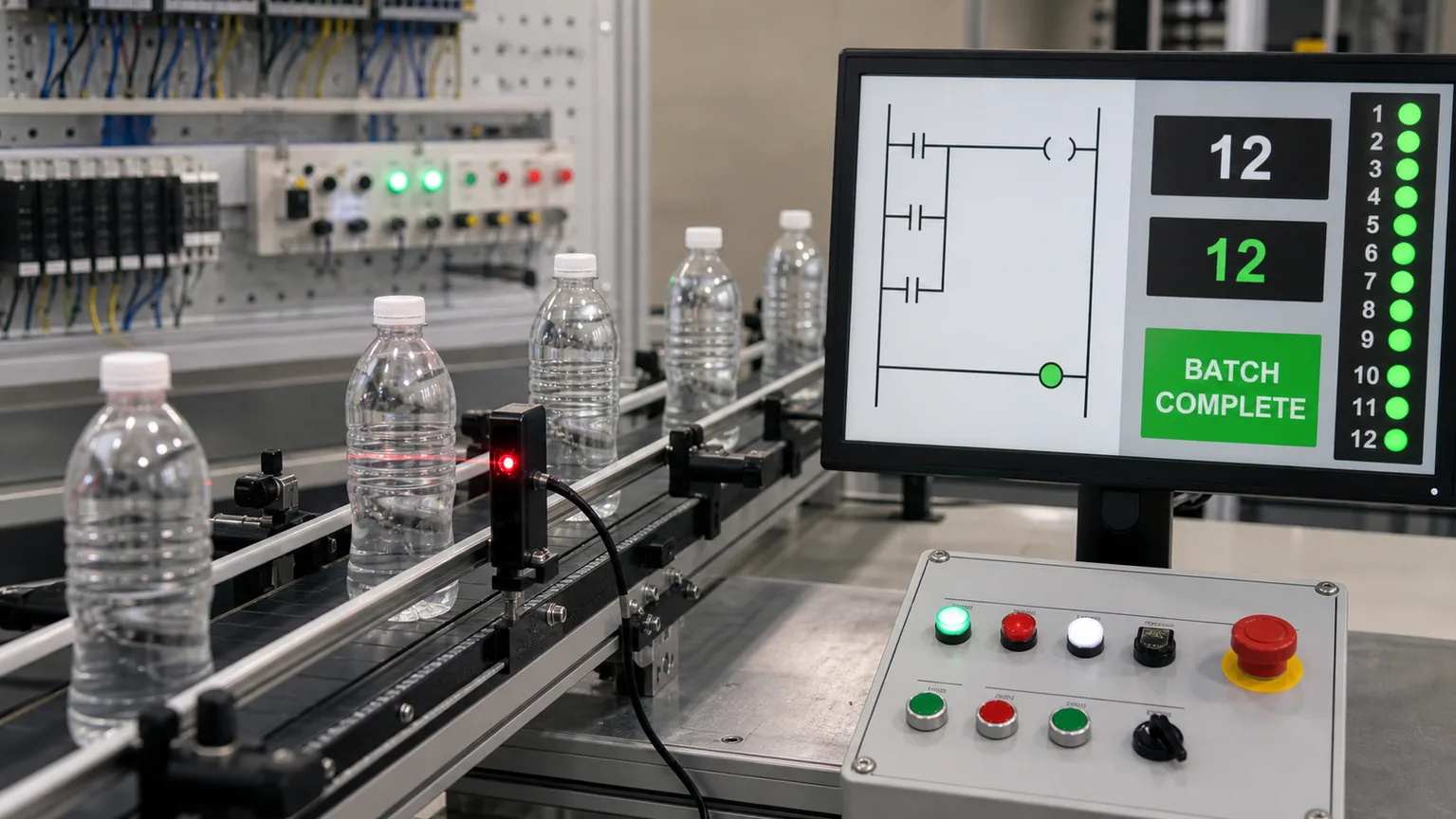 Bottle conveyor PLC counter exercise with photoelectric sensor and completed batch indication