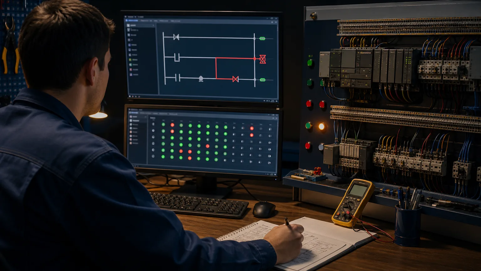 Controls learner diagnosing a highlighted ladder fault from simulated I/O and objective test indicators