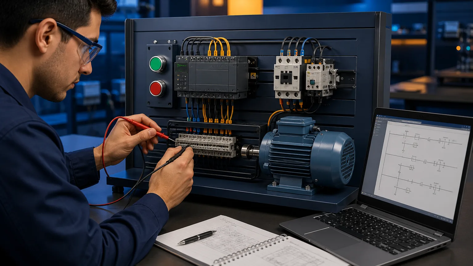 Motor start stop PLC practice bench with pushbuttons, contactor, overload, motor and ladder logic laptop