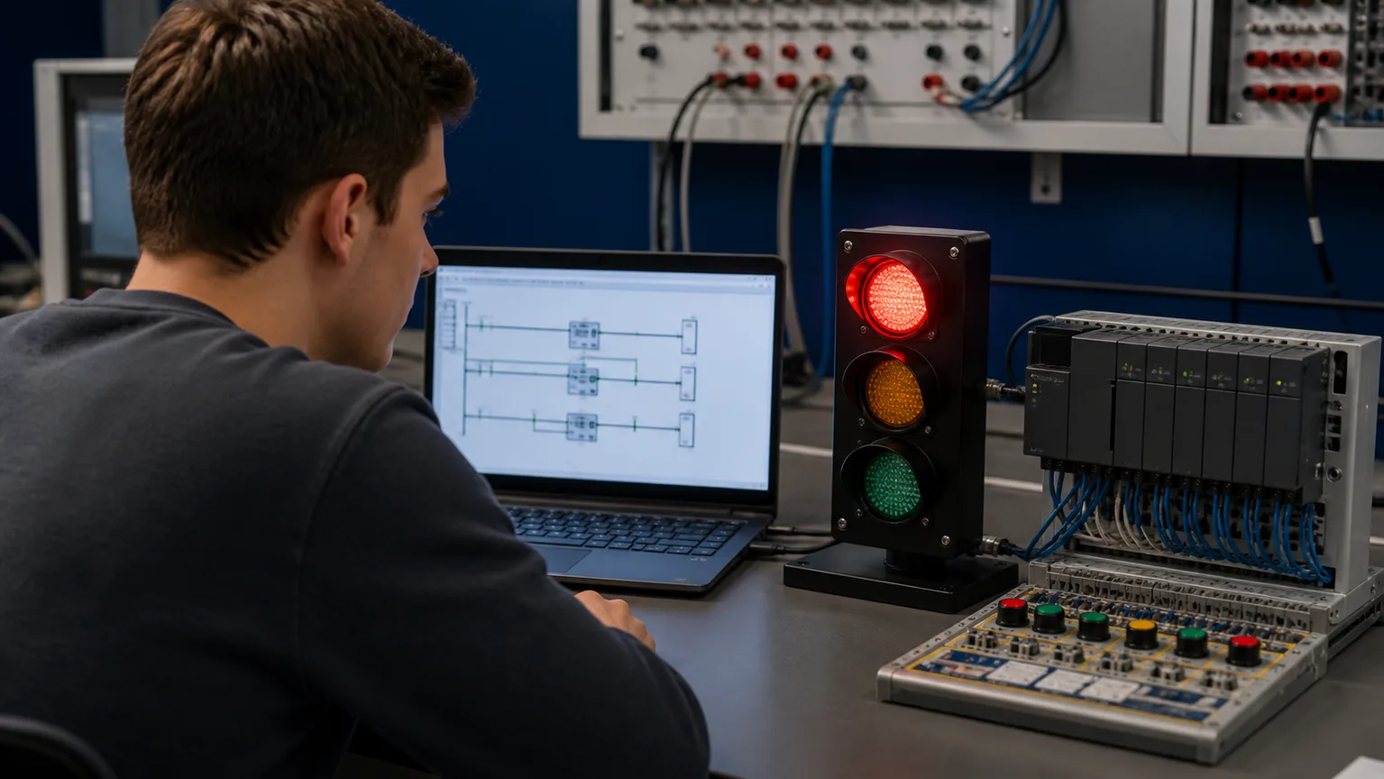 PLC traffic light sequencing exercise with staged timers and a three-color signal