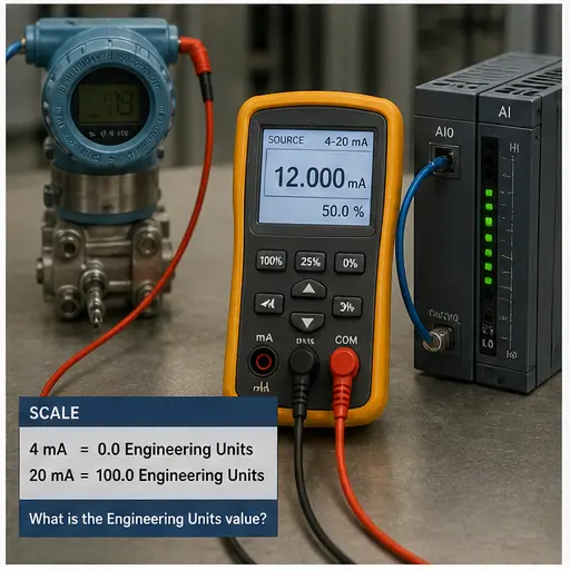 Four to twenty milliamp PLC analog scaling practice with loop calibrator and transmitter