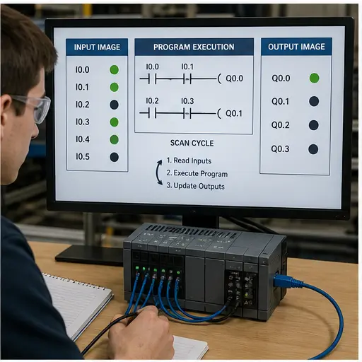 PLC scan-cycle assessment comparing input image program execution and output image