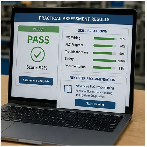 Completed PLC practical assessment showing pass score and skill-by-skill results