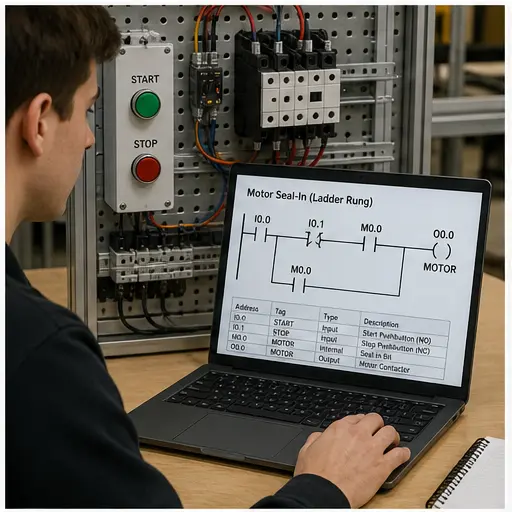 PLC practice-test learner reading a motor seal-in ladder rung beside a wired contactor panel