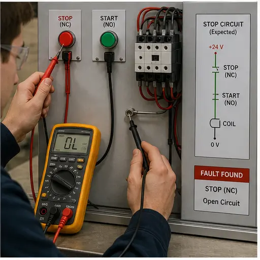 PLC troubleshooting assessment tracing an open normally-closed stop circuit with a multimeter