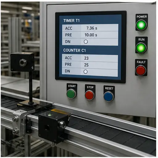 PLC timer and counter practice question on a live conveyor training station