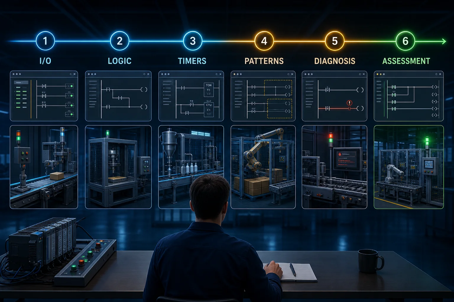 Six-stage PLC programming course roadmap from I O and Boolean logic through timers, patterns, diagnosis and practical assessment