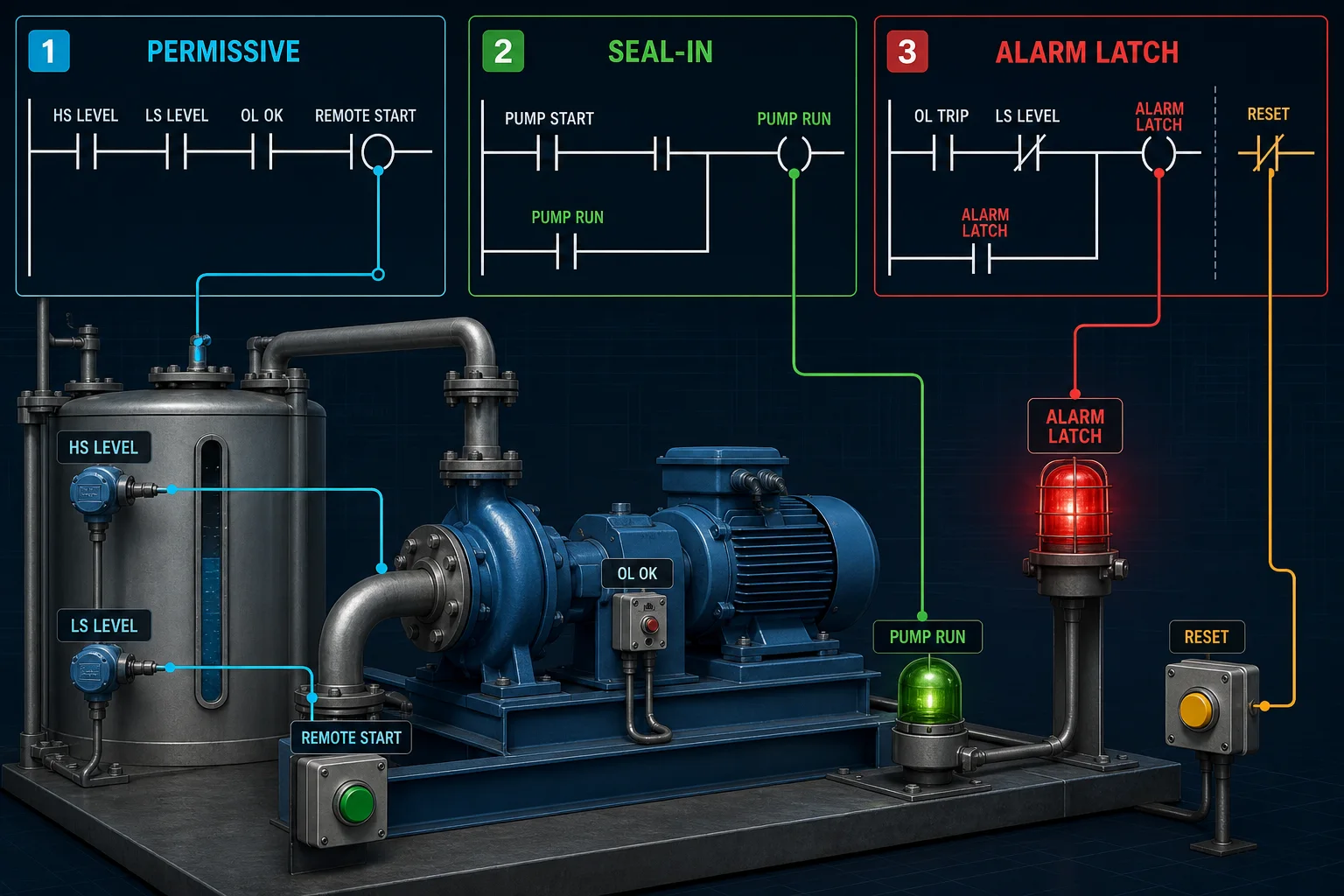 Pump-skid PLC lesson connecting permissive, seal-in and alarm-latch patterns to level switches, overload, pump and reset devices